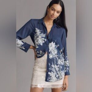 Anthropologie Pilcro XS Floral Navy Blue Women's Top